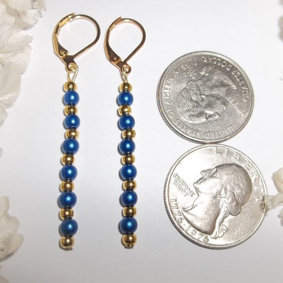 Blue and Gold Earrings, Blue Pearl Earrings, Blue Dangle Earrings, Earrings 7770 - Picture 2 of 8